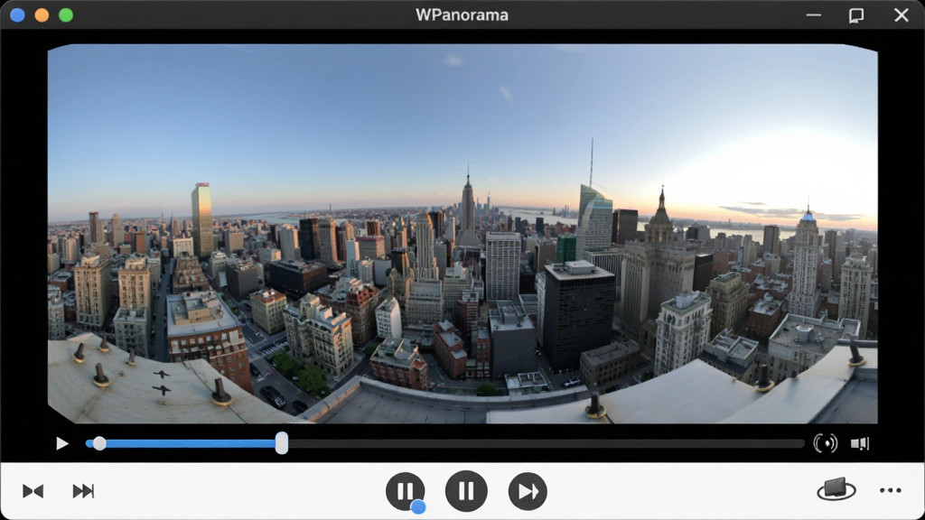 һ��չʾWPanorama��������ȫ����Ƶ�Ľ����ͼ�������������������Ŵ��ڣ���������ʾ��һ����������ߵ�ȫ����Ƶ���棬�����·��в��š���ͣ���ӽ���ת�ȿ��ư�ť������Ϊ���в�����������Ϊ��ɫ�����Ϊ��ý�岥���������棬ϸ�ڰ���ʱ������ӽǷ���ָʾ���������������ɾ����޶���Ԫ�ء�