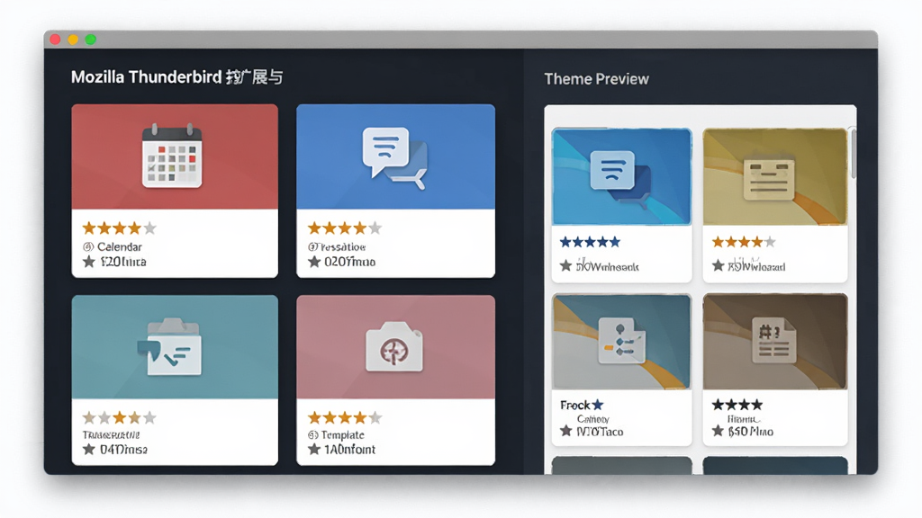 Mozilla Thunderbird��չ��������̬����չʾͼ������չʾһ���������չ�̵�ҳ�棬��Ļ�������Ŷ�����ܿ�Ƭ����Ƭ�Ϸֱ������������롢ģ�塢������ͼ�꣬�Ҳ���һ������Ԥ��������ʾ��ͬ��ɫ���������岼�ֲ������ҷ����Ű棬���Ϊ�ִ���ƽ����ƣ�ϸ�ڰ�����չ��Ƭ�ϵ������Ǽ������������֡�����ɫ�飬���ʸ��塢�ɾ����޶���Ԫ��