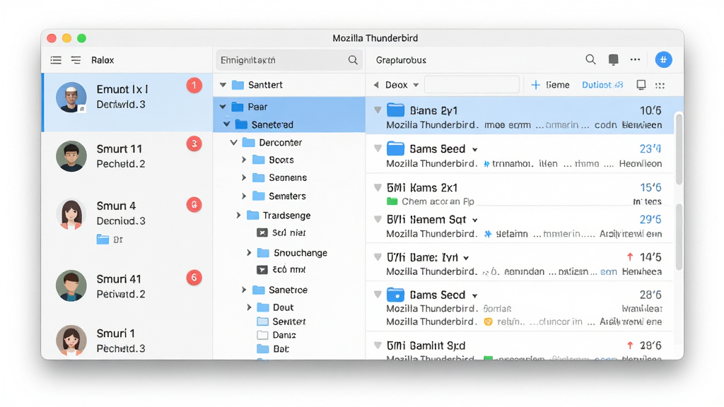Mozilla Thunderbird���˻�ͳһ��������չʾͼ������������һ�������������棬��������ֱ�����Ŷ�������˻�ͷ��ͼ�꣬ÿ���˻��·���ʾ�ռ��䡢�ѷ��͵��ļ��У���������ʾ�ϲ�����ʼ��б������岼���������򣬷��Ϊ��ˬ��UI����չʾͼ��ϸ�ڰ����˻�ͷ��δ���ʼ����ֽǱꡢ�ļ������νṹ�����ʸ��塢�ɾ����޶���Ԫ��