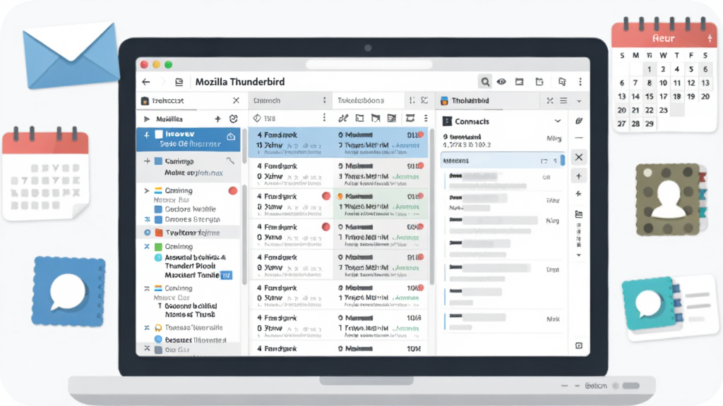һ��չ��Mozilla Thunderbird�ʼ��ͻ��˺���ȫò�Ĳ廭������������һ̨�򿪵ıʼǱ����ԣ���Ļ��������ʾMozilla Thunderbird�ľ�����棬���Ϊ��������˻��б����м�Ϊ�ʼ��б����Ҳ�Ϊ�ʼ��Ķ�������Ļ��ΧƯ�����ŷ⡢������ͨѶ¼ͼ�꣬���岼�ֲ��þ��й�ͼ���Ű�ɾ����࣬���Ϊ�ִ���ƽ���Ƽ��廭��ϸ�ڰ����ʼ�ͼ������С���δ����ǡ������ϱ�ע���ڡ�ͨѶ¼��Ƭ�����ʸ��塢�ɾ����޶���Ԫ��