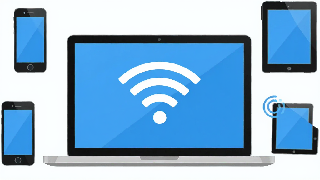 WIFI�����������������棬����Ϊһ̨�ʼǱ�������Ļ��ʾWiFi�źŷ���ͼ�꣬����Ϊ���й�ͼ���Ű��࣬���Ϊ�Ƽ��б�ƽ����ƣ�ϸ�ڰ�����Ļ��Χ�����ֻ���ƽ����豸ͼ�꣬�����������ɾ����޶���Ԫ��