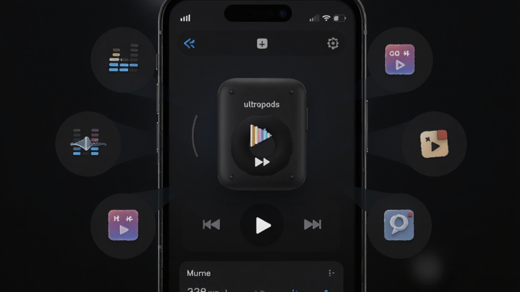 �������ֻ���Ļ��дչʾultrapods����������ɫ������棬��������Ļ������ʾ����Χ�����ż���������UI����ͼ�꣬�Ű�ʷ���״Χ�����ģ�����ǰ��ڿƼ�������������ϸ���ϰ������Ű�ť�����������ߺ͸赥ͼ�꣬���ʸ���ɾ��޶���Ԫ��