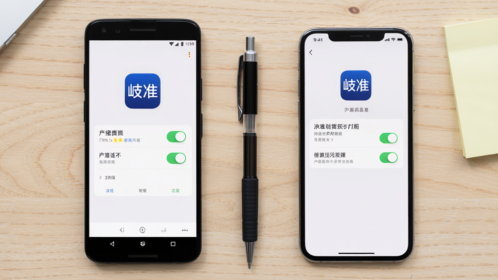 ����չʾһ����׿�ֻ���һ��iPhone���ŷ��������ϣ���Ļ����ʾ���׼��Ӧ��ͼ����Ȩ�����ý��档����Ϊǳɫľ�����棬�Ա���һ֧�ʺͱ�ǩֽ���������ҶԳƣ������ˬֱ�ۣ�ϸ�ڰ���������Ȩ�޿�������ʾ���֣����ʸ��壬����ɾ��޶���Ԫ�ء�