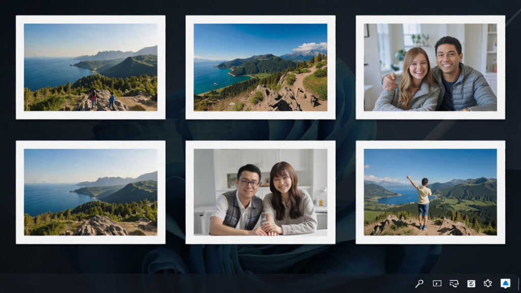 ������Ƭǽ������Windows 11ϵͳ�µ���������Ч��ͼ�����������汳��Ϊ��ɫ�����������������ż��Ŵ���ɫ�߿����Ƭ����Ƭ����Ϊ���з羰�ͼ�ͥ��Ӱ�����½�����������ͼ�꣬���廭��ɾ����࣬�����������ɾ����޶���Ԫ��
