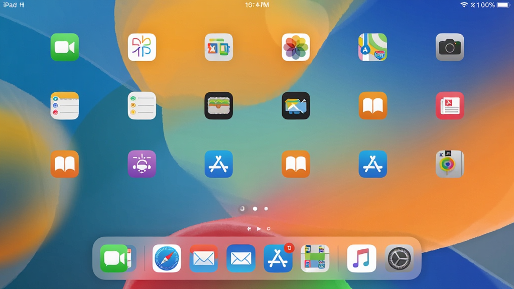 һ��iPad for Windows���������ͼ������չʾģ���iPadOS����Ļ����������Բ��Ӧ��ͼ�ꡢ�ײ�Dock���Ͷ���ʱ�������ʾ������Ϊ����ɫ��ֽ�����Ϊ��ƽ��UI��ƣ�ϸ�����������ʸ��壬����ɾ����޶���Ԫ��