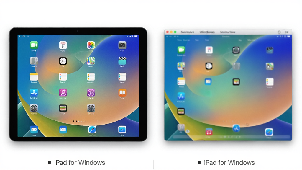 iPad for Windows�����ڲ�ͬ�ֱ�����ʾ���ϵ�ȫ���봰�ڻ�ģʽ�Ա�ͼ���������Ϊȫ��ģʽ���Ҳ�Ϊ���ڻ�ģʽ������Ϊ���ҷ��������Ϊдʵ�Ƽ��磬ϸ�ڰ������ڱ߿����Ӱ����������������ɾ����޶���Ԫ��