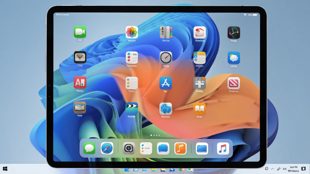һ��չʾiPad for Windows������Windows�������������еĳ���ͼ������������ģ���iPadOS����Ļ���棬����Բ��ͼ�����񡢵ײ�Dock���Ͷ���״̬����������Windows 11���������ֽ�����岼�����������Ϊдʵ�Ƽ��磬ϸ�ڰ���ͼ����Ӱ�Ͱ�͸��Ч��������Ϊ4K���壬����ɾ����޶���Ԫ��