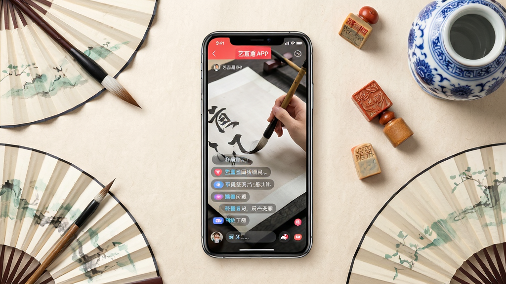 ��������һ�������ֻ���ֱ���ã��ֻ���Ļ��չʾ��ֱͨAPPֱ�����棬�������й����黭���������뵯Ļ���������ֻ���Χ����ë�ʡ����ȡ��໨��ƿ��ӡ�µȴ�ͳ����Ԫ�أ����岼�ֶԳƾ��⣬�������µ��ŵ��й�����ɫ������Ϊǳ��ɫ��ֽ�ʸУ�ϸ�ھ��¸ɾ������廭�ʣ��޶���װ��Ԫ�ء�