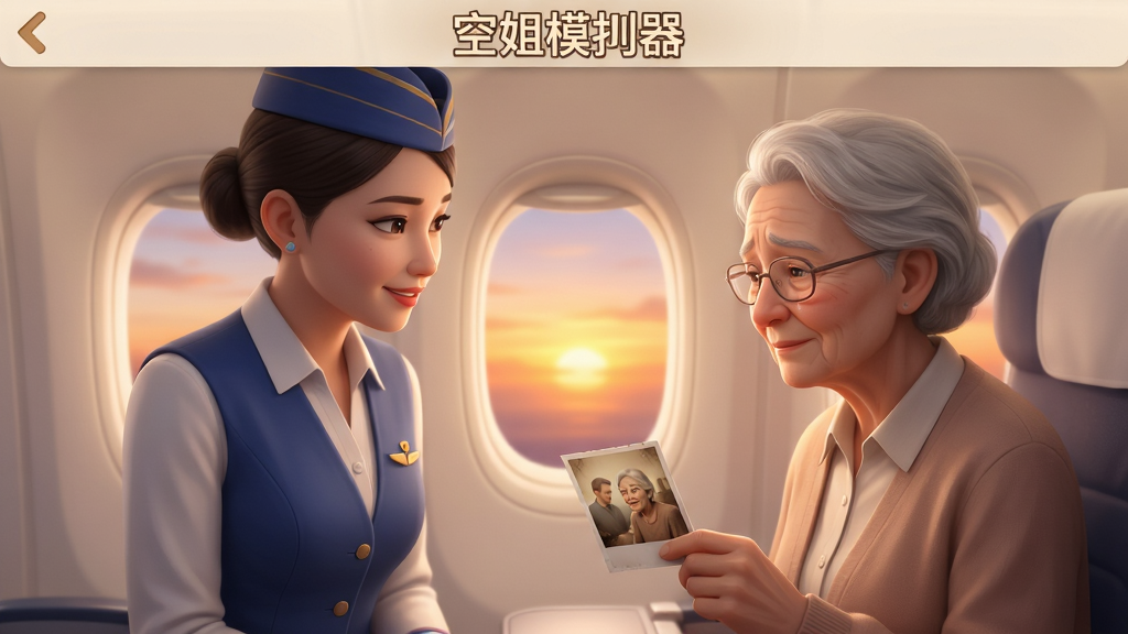 �ս�ģ������Ϸ�ھ���Ի����棬һλ�ճ���Ա������һλ����˿ͽ�̸���˿���������һ����Ƭ�����黳�ɡ������Ƿɻ��ϴ�������侰ɫ�������������ů���������ϸ�塣���涥���С��ս�ģ�������������������Ű��࣬�ص�ͻ��������н��������ʸɾ����塣