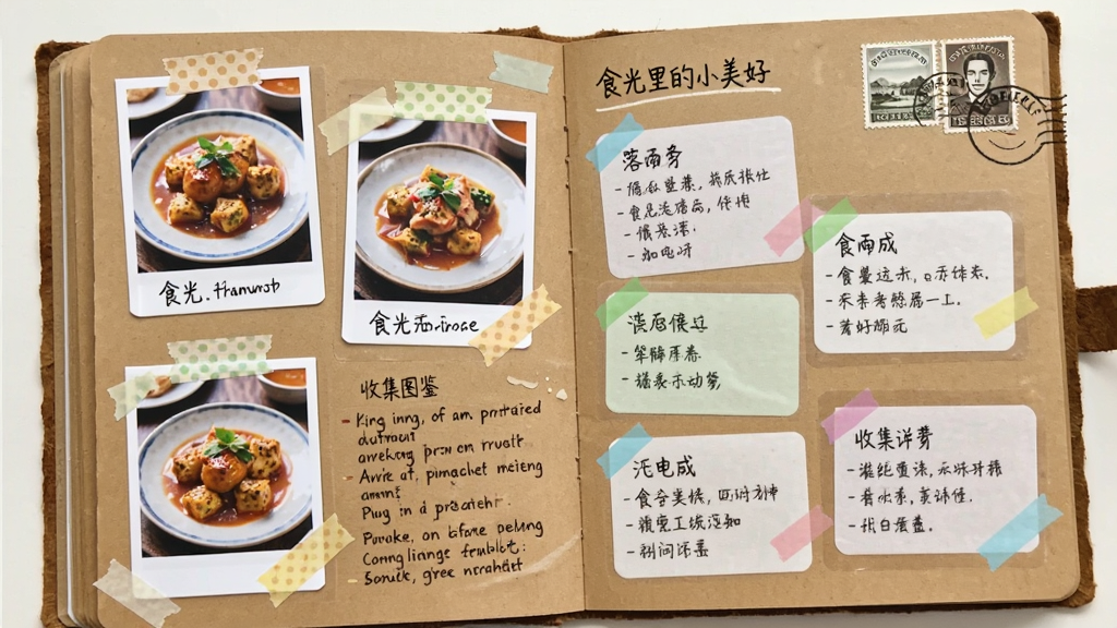 ʳ�����С���� �ռ�ͼ�����棬����չʾһ��������ʳ�����ˣ���ҳ���Ų�Ʒ��Ƭ����д�ʼǣ���ҳ�ǹ˿�������ֽ�ͼ�����Ʊ�������Ű��������򣬷������ʵ�����˱���ɫ����ţƤֽɫ�͵���Ϊ���������������޶���װ�Ρ�