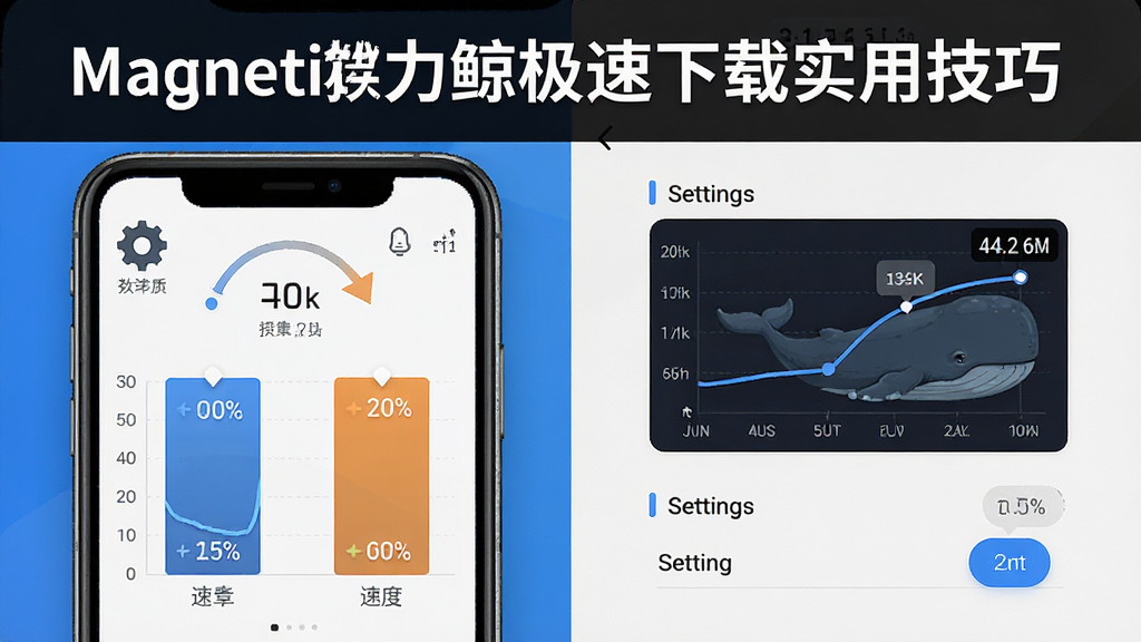 一张展示磁力鲸极速下载实用技巧的预览图,画面主体是手机屏幕显示下载速度对比图与设置界面,布局为上下分栏,排版清晰,风格简洁实用,细节包括速度曲线与齿轮图标,画质清晰干净