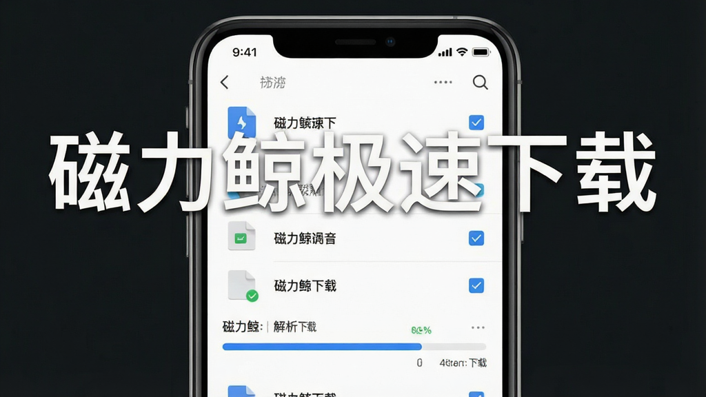 一张展示磁力鲸极速下载智能解析功能的预览图,画面主体是手机屏幕显示文件列表与解析进度条,布局为上下结构,排版清晰,风格简约实用,细节包括文件图标与勾选框,画质清晰干净,图片中文字标注