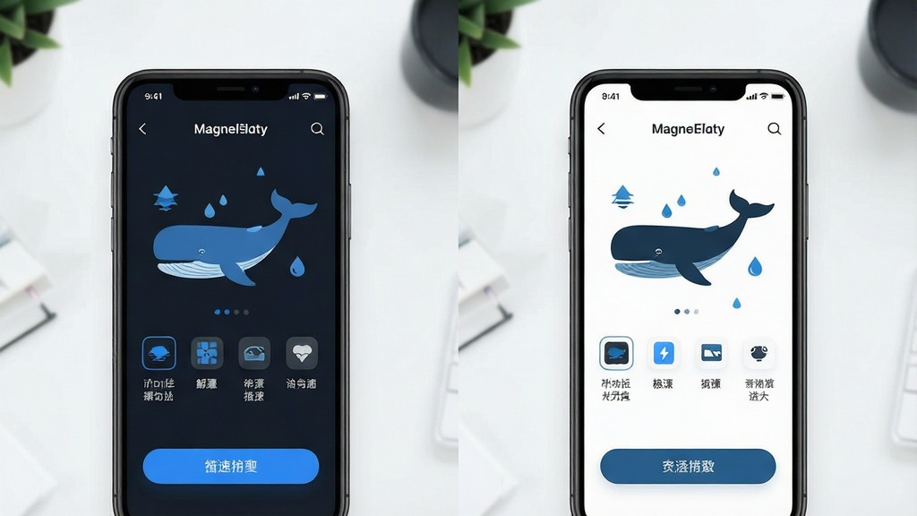 一张展示磁力鲸极速下载界面设计的预览图,画面主体是手机屏幕展示深色与浅色两种主题界面,布局为左右对比,排版整齐,风格清新简约,细节包括图标与按钮,画质清晰干净,无多余元素
