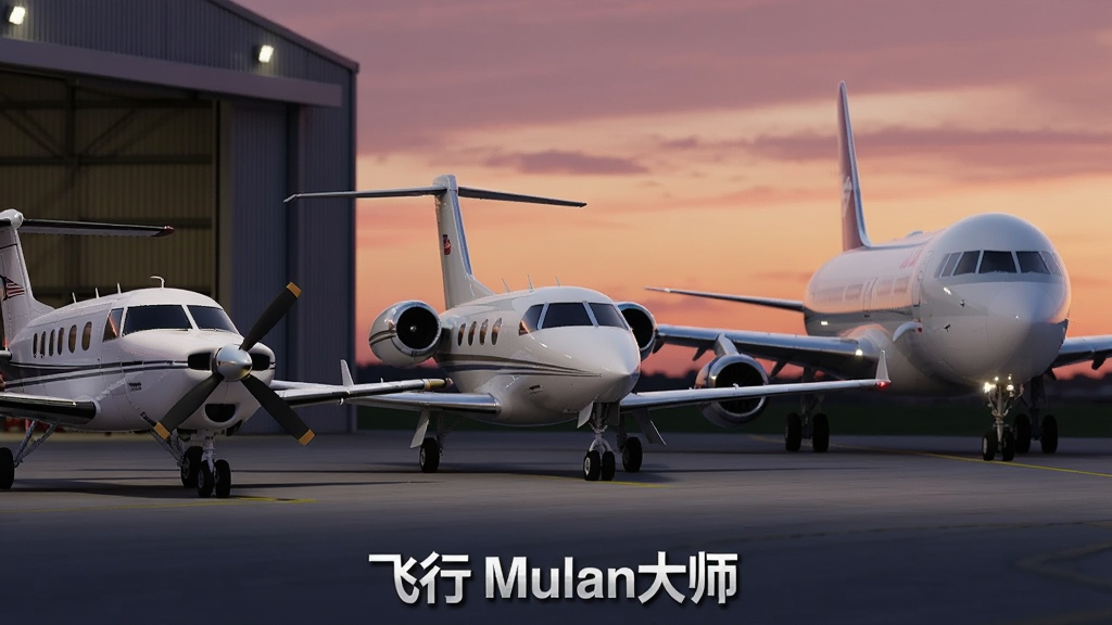 画面中并排展示三架不同型号的飞机,从左到右依次为小型单引擎螺旋桨飞机、中型双引擎公务机和大型四引擎商用客机,三架飞机均停放在机库前方的停机坪上,背景是黄昏时分的橙紫色天空,画面下方有飞行模拟大师文字标识,写实风格,细节丰富,画质高清,无多余元素