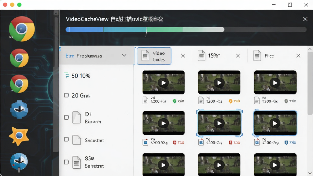 VideoCacheView�Զ�ɨ����������湦��չʾ������Ϊ���������л���ɨ����������ļ��б����������Ϊ�����ͼ���б����Ҳ�Ϊɨ�������Ƶ�ļ������б����Ű����룬���Ϊ�Ƽ��б�ƽ����ƣ�ϸ�ڰ������Ȱٷֱȡ��ļ���С��ǩ����ʽͼ�꣬���ʸ��壬����ɾ����޶���Ԫ��