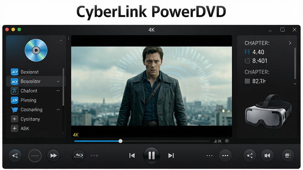 һ��չʾCyberLink PowerDVD��������ĸ���ͼ������Ϊ��ɫ�Ƽ��в��������ڣ�����������������4K��Ӱ���棬��Χ����������ѡ���½ڲ˵��Ͳ��ſ��ư�ť���Ű�����ִ���Լ���ϸ���������������ͼ����VR�۾�Ԫ�ء�����Ҫ��4K�����壬�ɾ��޶���Ԫ�أ���������������Ϊ��CyberLink PowerDVD����