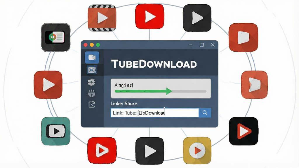 һ��չʾTubeDownload��ƽ̨�������ܵ�ʾ��ͼ������Ϊ��������������Ƶƽ̨ͼ�껷�ƣ�����Ϊ�������С�ͼ��ʻ��ηֲ����Ű�Գƣ����Ϊ��ƽ�廭�磬ϸ�ڰ����������ȶ�������������򣬻����г�������