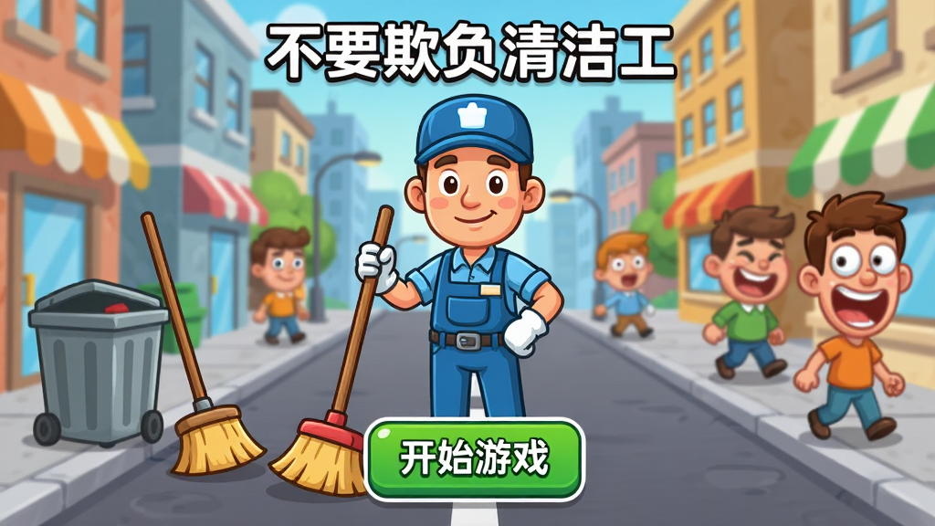 一张展示不要欺负清洁工游戏主界面的图片,主体是卡通风格的清洁工角色站在城市街道上,布局采用中心构图,排版清晰展示开始游戏按钮,风格为休闲益智的2D卡通画风,细节包括扫把、垃圾桶和路人的夸张表情,画质高清,干净,无多余元素
