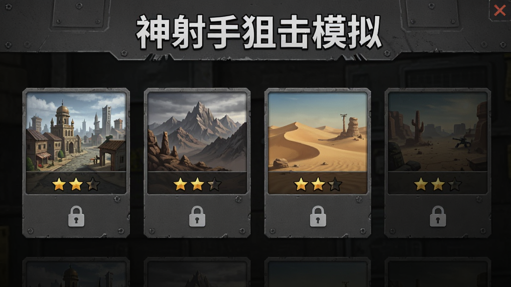 一张展示游戏关卡选择界面的图片,界面中有多个任务卡片,分别标注城市、山地、沙漠等场景缩略图,卡片上有星级评价和锁定图标,整体UI风格简洁硬朗,画面中有文字