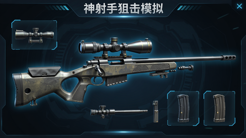 一张展示狙击枪改装界面的图片,画面中央是一把狙击枪的分解视图,周围有瞄准镜、枪管、弹匣等配件图标,界面风格科技感十足,画质精细,画面中有文字