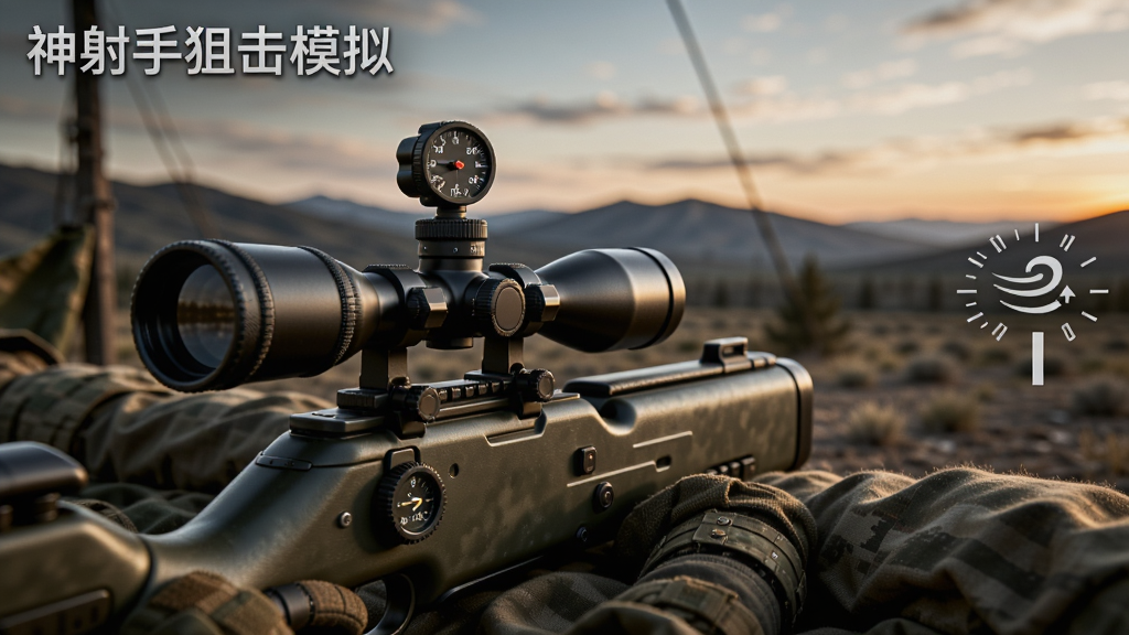 一张展示狙击手趴在掩体后通过瞄准镜观察远方的图片,画面中有风速指示器和距离刻度,背景是黄昏时分的山地场景,风格写实军事,画质清晰,画面中有文字