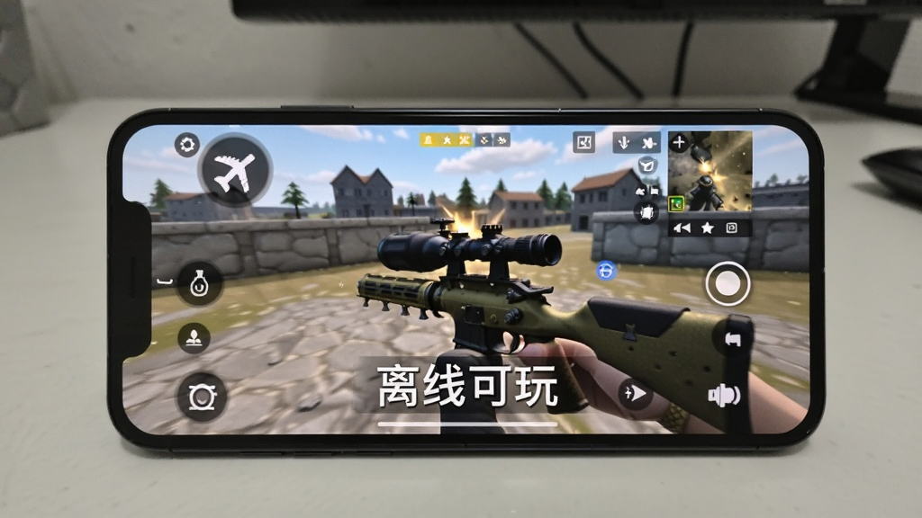 一张展示手机在无网络环境下运行狙击游戏的图片,手机屏幕显示游戏画面,背景是简单的室内桌面,画面中有飞行模式图标和