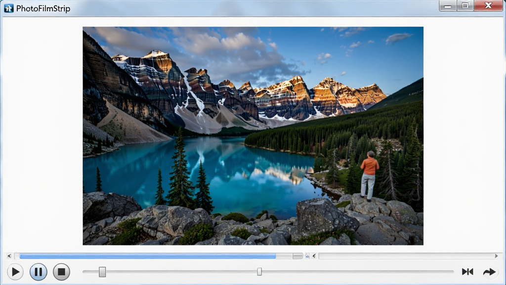 ������Ļ��ʾPhotoFilmStripԤ�����ڣ���������һ�ŷ羰��Ƭ���ڲ��ţ��ײ��в��ſ����������Ϊ��ʵ������ͼ�磬ϸ���в��š���ͣ��ֹͣ��ť�������������ɾ��޶���Ԫ��