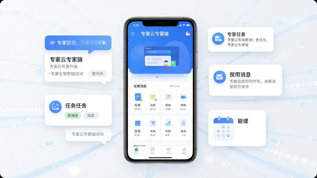 整体展示专家云专家端软件的核心界面与功能全貌,主体为一部智能手机屏幕显示软件首页,布局采用居中构图,排版上手机居中、周围环绕任务卡片、消息气泡、日程图标等悬浮元素,风格为现代扁平化科技感,细节包括蓝白配色、圆角图标、清晰的文字标签“专家云专家端”,画质为高清2K,干净无多余元素