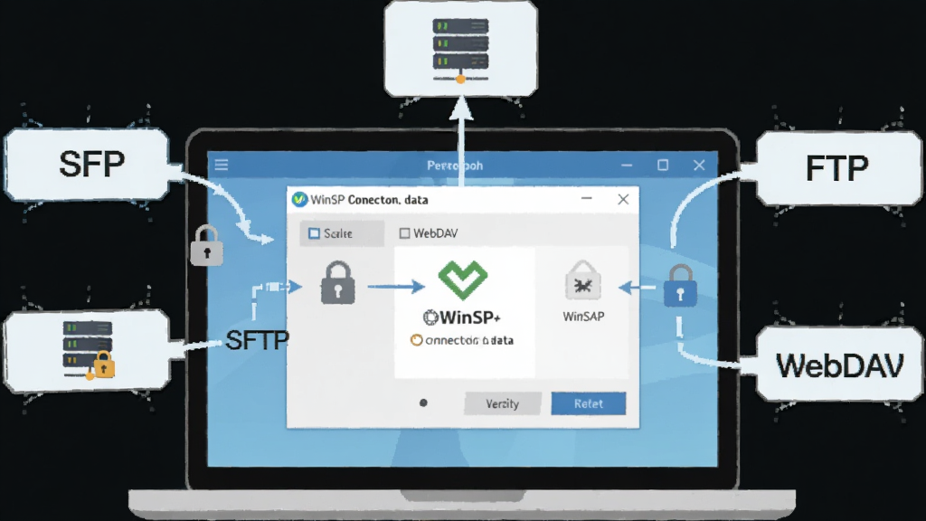 һ�ű���WinSCP��Э�����ӵ�ʾ��ͼ������������һ̨�ʼǱ�������Ļ����Ļ����ʾWinSCP���ӶԻ����Ա�Ư����SFTP��FTP��WebDAV��Э���ǩͼ�꣬����Ϊ���й�ͼ�����Ϊ��ƽ���Ƽ��廭�磬ϸ�ڰ�����������ͷ��������ͼ�ꡢ���ΰ�ȫ��ʶ�����������ɾ����޶���Ԫ��