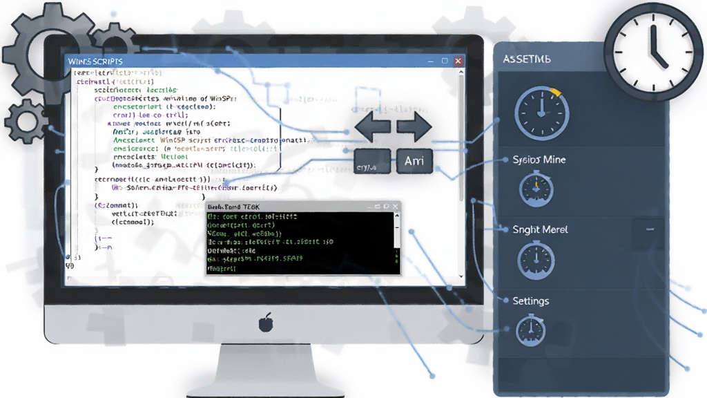 һ�ű���WinSCP�Զ����ű����ܵ�ʾ��ͼ������������һ̨������Ļ����ʾ�ű����������ƻ����ý��棬�Ա��г��ֺ�ʱ��ͼ�꣬����Ϊ�������Ҳ�������壬���Ϊ�Ƽ��б�ƽ�廭�磬ϸ�ڰ��������д��ڡ�ͬ����ͷ����ʱ����ʶ�����������ɾ����޶���Ԫ��