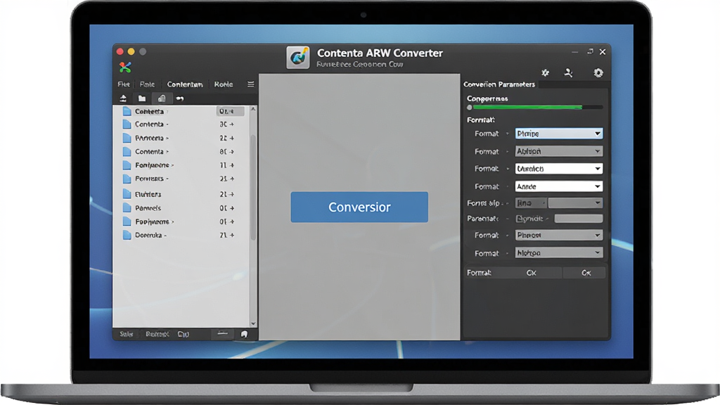 һ��չʾ Contenta ARW Converter ���������ͼƬ��������һ̨�ʼǱ�������Ļ����Ļ����ʾ�����������������ڣ�����������ļ��б������Ҳ���ת������������壬�м�����Ŀ��ת����ť�����ּ���������Ű�Ϊ����չʾ����ȫò�����Ϊ�ִ��Ƽ���UI��ƣ�ϸ�ڰ�������ͼ�ꡢ�������͸�ʽѡ�������˵������ʸ��壬�ɾ����޶���Ԫ��
