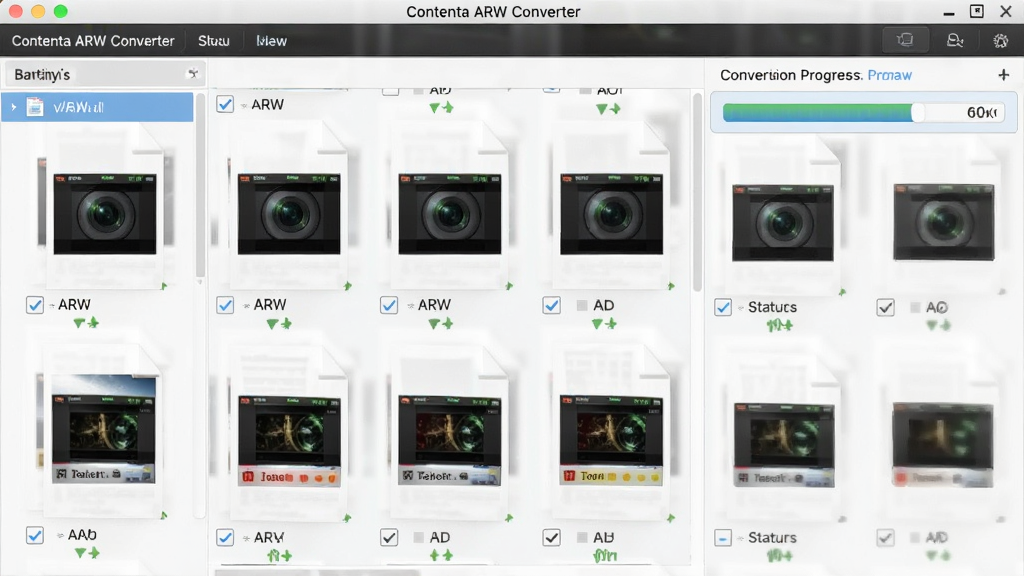 һ��չʾ Contenta ARW Converter ����ת�����ܵ�ͼƬ�����������������ж��ARW�ļ�����ͼ�������У�����Ϊ����ļ����С��Ҳ�ת�����������Ű�Ϊ�������չʾ�����Ϊ��ƽ����ƣ�ϸ�ڰ���ÿ���ļ��ԱߵĹ�ѡ���״̬��ʶ�����ʸ��壬�ɾ����޶���Ԫ��