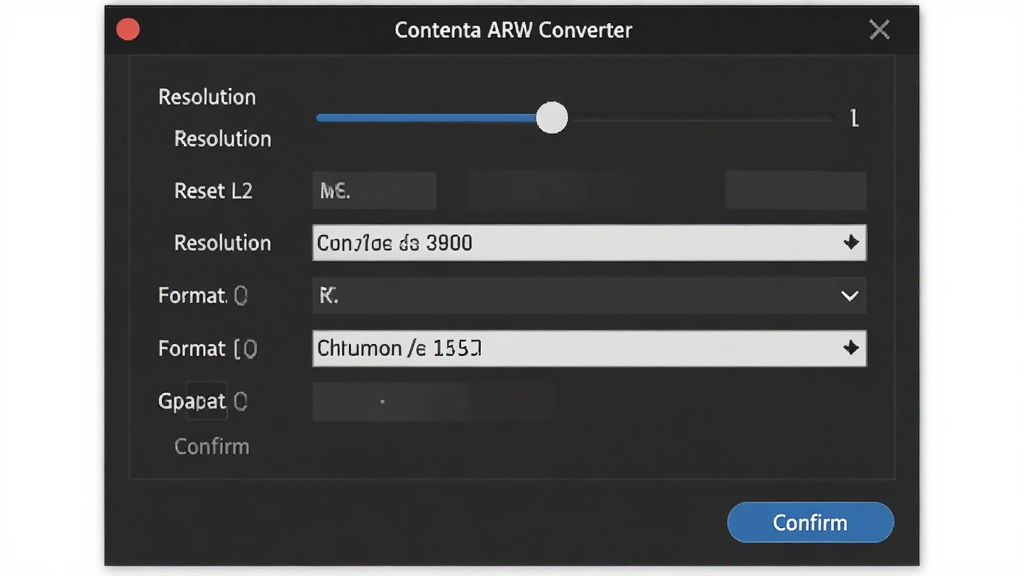 һ��չʾ Contenta ARW Converter ������������ͼƬ�����������������е����ô��ڣ�����Ϊ�������е�ѡ���б����Ű�Ϊ������д�����Ϊ�������磬ϸ�ڰ����ֱ��ʻ��顢��ʽ�����˵���ȷ�ϰ�ť�����ʸ��壬�ɾ����޶���Ԫ��