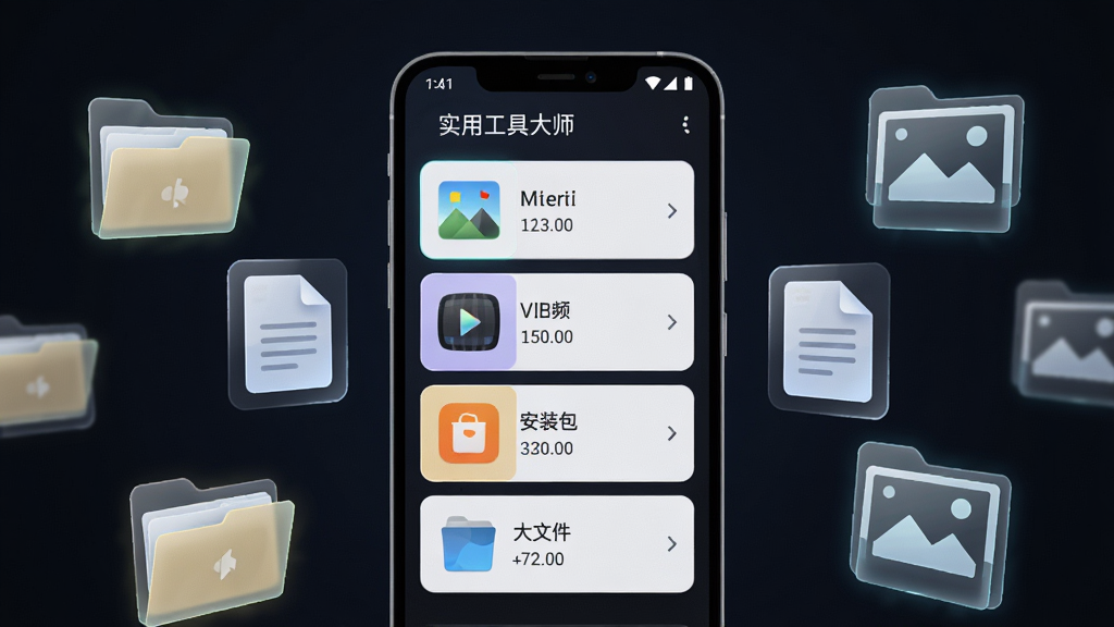 一部安卓手机屏幕显示“实用工具大师”的文件管理界面,界面中列出图片、视频、安装包、大文件等分类卡片,每类旁边有容量数值,手机悬浮在深色背景中央,周围环绕着文件夹、文档、图片等半透明图标,风格科技感与简洁结合,细节上图标带有微光边缘,画质清晰,干净,无多余元素。