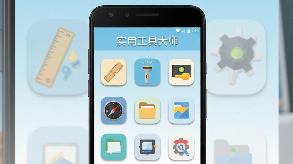 一张展示“实用工具大师”软件主界面的手机截图,画面中央是一部竖屏安卓手机,手机屏幕上清晰显示软件首页,顶部有“实用工具大师”文字标题,中间以网格形式排列着尺子、手电筒、水平仪、指南针、文件管理等工具图标,图标风格为扁平化圆角设计,背景色调为干净的浅蓝与白色渐变,整体布局整齐对称,风格清新简约,细节上图标带有轻微投影,画质清晰干净,无多余元素。