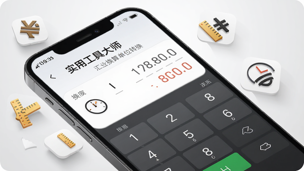 一部手机屏幕显示“实用工具大师”的汇率换算与单位转换界面,画面中手机呈倾斜角度,屏幕上有数字键盘和换算结果,背景为淡灰色渐变,手机旁边漂浮着汇率符号、尺子、时钟等小图标,风格现代简约,细节上图标带有柔和阴影,画质干净清晰,无多余元素。