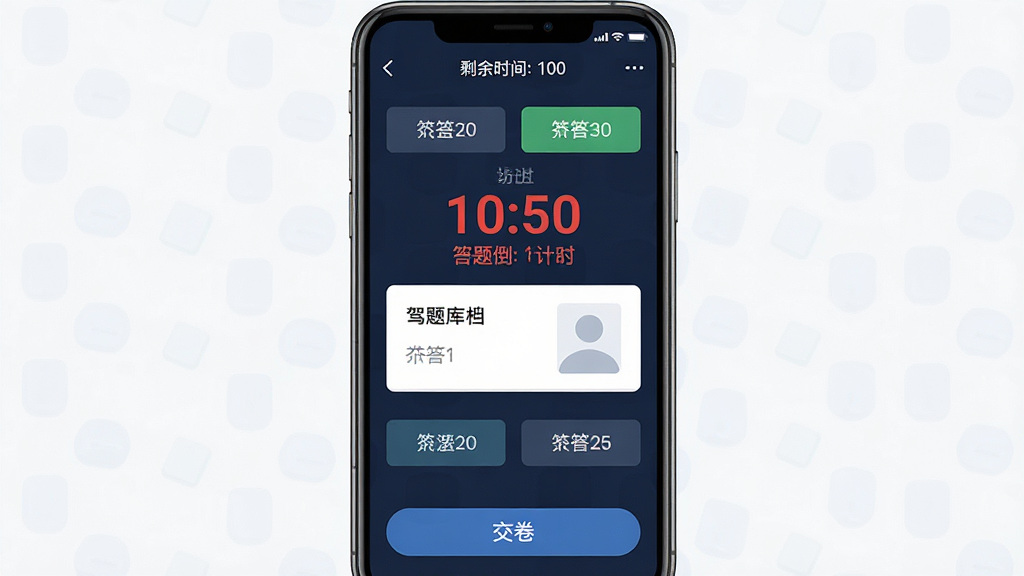 һ���ֻ���Ļ��ʾ�������ͨģ�⿼�Խ��棬���������ǿ��Ե���ʱ�ʹ��⿨�����ֲܷ���Ŀѡ�ť������Ϊ����ɫ����ģʽ��������ʣ��ʱ����ʾ���ײ��н�����ť��������Ϊ���࿼�Է��UI��ƣ�ϸ�ڰ�����ɫ����ʱ���ֺ���ɫ�Ѵ��ǣ����ʸ���ɾ��޶���Ԫ��