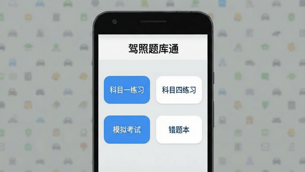 一张展示驾照题库通软件主界面的手机截图风格图片,画面中央是一部竖屏安卓手机,屏幕内显示驾照题库通APP的首页,顶部有“驾照题库通”文字标识,中部排列着“科目一练习”“科目四练习”“模拟考试”“错题本”四个功能按钮,按钮为圆角矩形,配色为蓝白相间,背景为浅灰色,整体风格简洁清爽,画质清晰,干净无多余元素