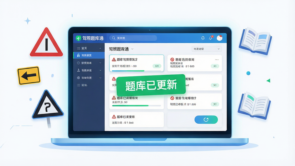 一幅展现驾照题库通题库更新功能的AI生图,画面主体是一个发光的笔记本电脑屏幕,屏幕上显示“驾照题库通”软件界面,界面中有一排排题目列表和一个醒目的“题库已更新”绿色标签,屏幕旁边漂浮着交通标志图标和书本图标,布局为居中构图,风格为现代科技感扁平插画,细节包括题目卡片、进度条和刷新按钮,画质高清,干净无多余元素