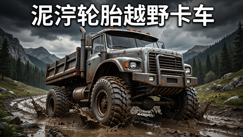 主体是一辆重型越野卡车陷入泥泞道路中,轮胎溅起泥浆,背景为崎岖山林与阴沉天空,布局采用居中构图,卡车占据画面主体,排版上方留白用于展示游戏名称,风格为写实3D渲染,细节包含泥点飞溅、轮胎纹理、车身锈迹与反光,画质高清干净无多余元素,图片中打文字