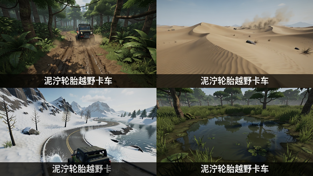 主体是四张不同地形的小图拼接,分别展示雨林泥路、沙漠沙丘、雪山弯道、沼泽水坑,布局为2x2网格排列,排版每张图下方标注地形名称,风格为写实游戏场景展示,细节包含植被、沙尘、积雪、水花,画质高清干净无多余元素,图片中打文字
