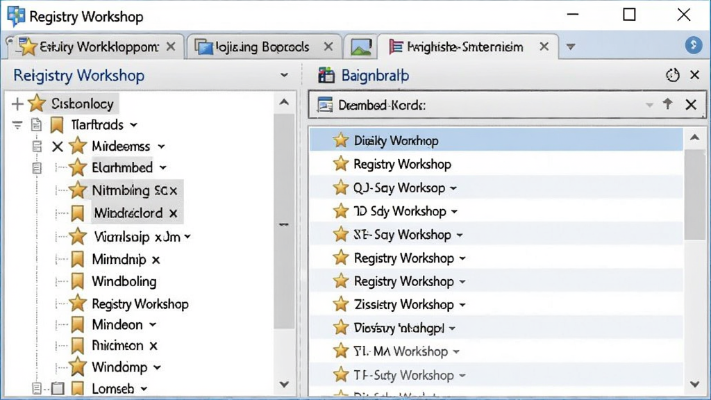 һ��չʾRegistry Workshop���ǩҳ����ǩ���ܵ�ͼƬ�����������������ж����ǩҳ���������Ŀ¼������ǩ���ͼ�꣬�Ҳ���ʾ��ǩ�б���壬���岼��Ϊ���͵�����ʽ�������棬���ΪWindowsӦ�ý����ͼ��ϸ�ڰ�����ǩҳ���⡢��ǩ�Ǳꡢ������ť�����������ɾ����޶���Ԫ��