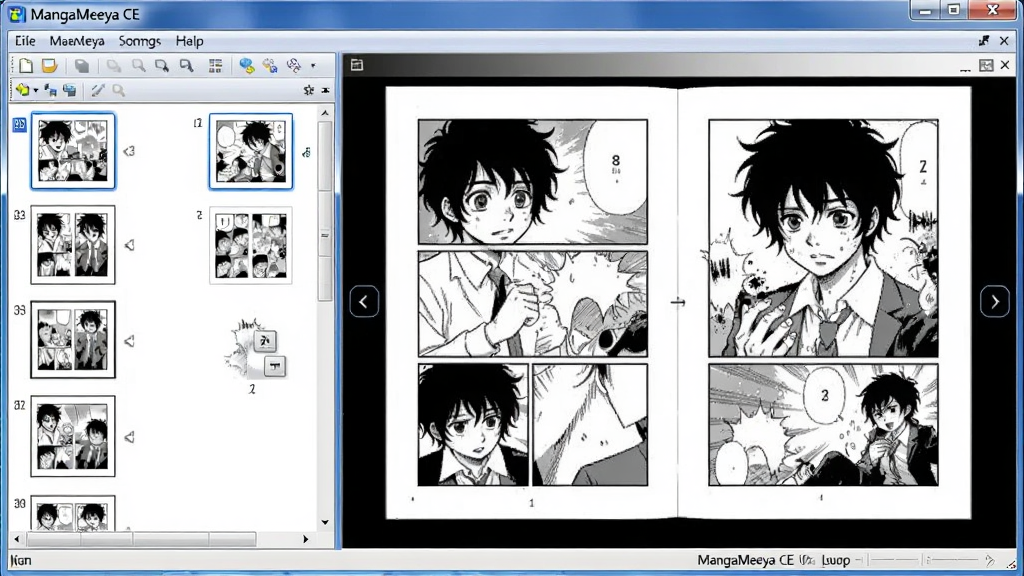 һ��չʾ MangaMeeya CE ���������ȫ��ͼ�������Ǵ򿪵������Ķ����ڣ����Ϊ����ͼĿ¼���Ҳ�Ϊ˫ҳ����չʾ���棬���ֲ��þ��� Windows ������ʽ���Ű�������Ϊ�˵��������������Ķ�����״̬�������Ϊдʵ������ͼ�磬ϸ�ڰ�������ҳ�桢ҳ��ָʾ�����Ű�ť�����������ɾ����޶���Ԫ��