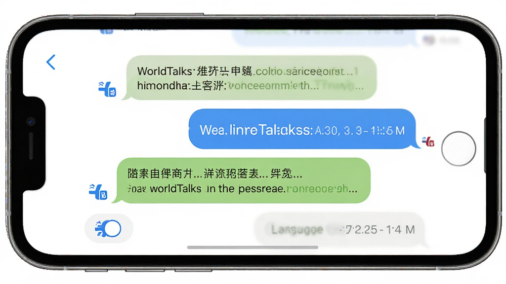 WorldTalks ʵʱ����������棬����Ϊ�ֻ���Ļ��ʾ��Ӣ˫��Ի����ݣ������������У��Ű����룬�����ˬ��Լ��ϸ�ڰ�������ͼ�ꡢ�����л���ť����Ϣʱ��������ʸ��壬�ɾ����޶���Ԫ��