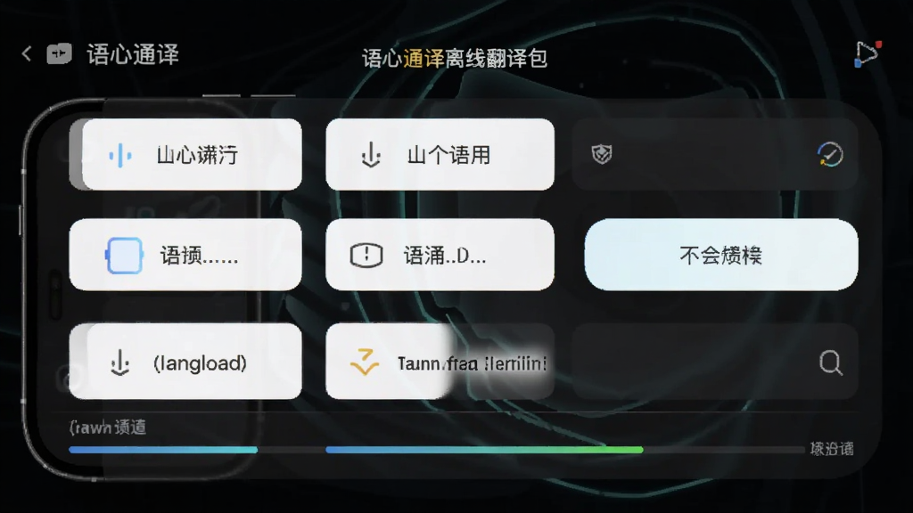 一张展示语心通译离线翻译包下载界面的截图风格图,画面中手机屏幕显示多个语言包的下载按钮和进度条,背景为深色模式界面,风格科技感,排版清晰,画质干净,无杂乱元素