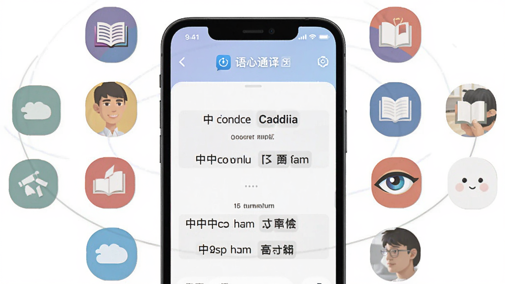 一张展示语心通译多语种翻译功能的界面图,画面中有多个语言图标环绕在手机屏幕周围,屏幕内显示中英日韩四种语言的翻译对照结果,风格扁平化,色彩柔和,排版整齐,画质清晰,干净无杂乱元素