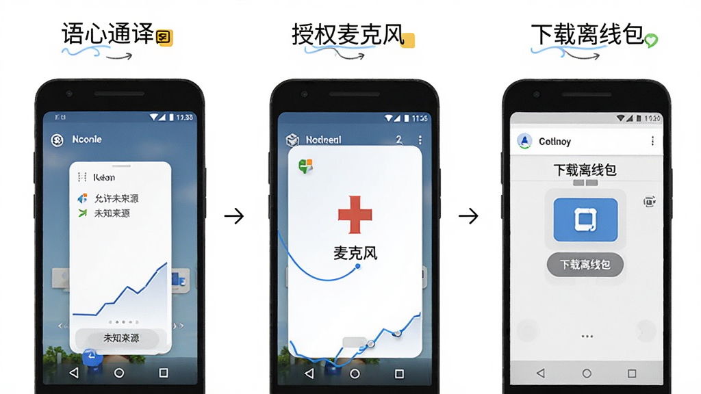 一张展示语心通译在安卓手机上安装和权限设置流程的示意图,画面分为三个步骤展示:允许未知来源、授权麦克风、下载离线包,风格简洁教程风,排版清晰,画质干净,无多余元素