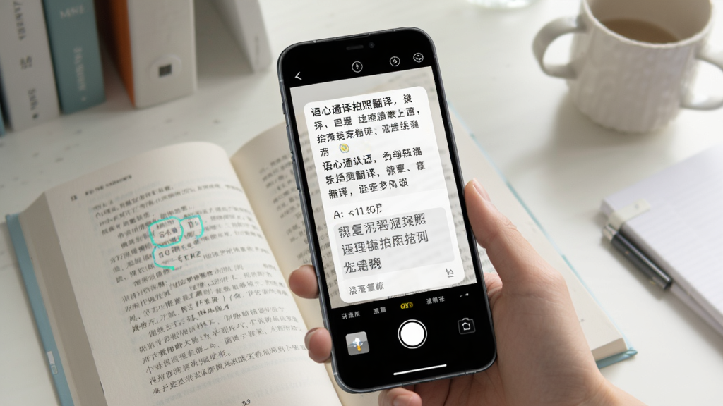 一张展示语心通译拍照翻译功能的示意图,画面中手机摄像头对准一本外文书籍,手机屏幕上显示识别出的文字和中文译文浮层,背景为书桌场景,风格清新,细节丰富,画质高清,无多余元素