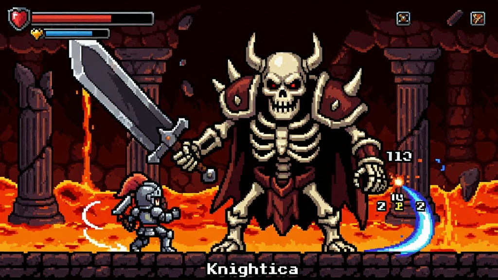 һ�����KnighticaBossս�����ط�廭�����������Ǿ޴��������Boss����޽�����ʿ��ɫ���ڷ������ܣ����������ҵ���������ʯ��������Ϊ���ս���ӽǣ����Ϊ��������������ϸ�ڰ���BossѪ�����˺������뼼����Ч�����������ɾ������������ֱ�ע��Knightica��