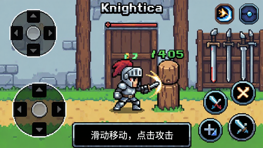 һ��չʾKnightica���ֽ̳̽�������ط�廭����������ʿ��ɫ������ľ׮��ϰ��������Ļ�Ϸ���ʾ����ҡ�˺͹�����ť���·���������ʾ�������ƶ������������������Ϊѵ�����������ܣ����Ϊ��������������ϸ�ڰ����˺����ֺͼ�����ȴͼ�꣬���������ɾ������������ֱ�ע��Knightica��